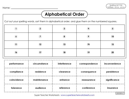 Alphabetical Order - Alphabetical Order: Cut-Glue (F-26)  (Printable PDF Worksheet)