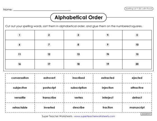 Alphabetical Order - Alphabetical Order: Cut-Glue (F-28) (Printable PDF Worksheet)