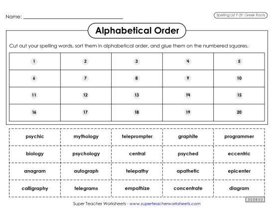 Alphabetical Order - Alphabetical Order: Cut-Glue (F-29) (Printable PDF Worksheet)