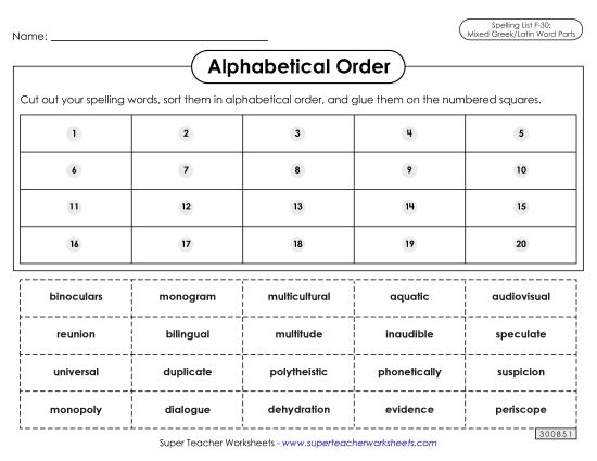 Alphabetical Order - Alphabetical Order: Cut-Glue (F-30) (Printable PDF Worksheet)