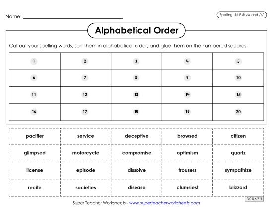Alphabetical Order - Alphabetical Order: Cut-Glue (F-5) (Printable PDF Worksheet)