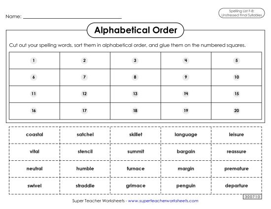 Alphabetical Order - Alphabetical Order: Cut-Glue (F-8) (Printable PDF Worksheet)