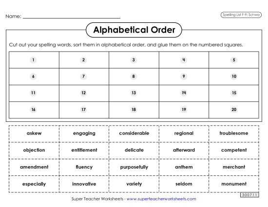 Alphabetical Order - Alphabetical Order: Cut-Glue (F-9) (Printable PDF Worksheet)