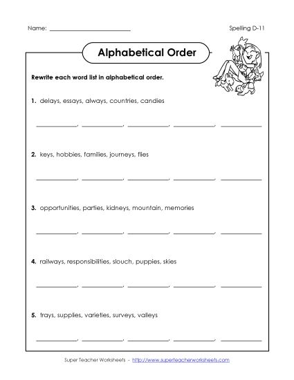Alphabetical Order - Alphabetical Order (D-11) (Printable PDF Worksheet)
