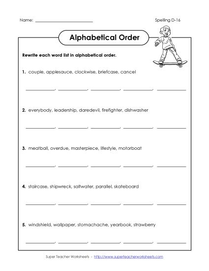 Alphabetical Order - Alphabetical Order (D-16) (Printable PDF Worksheet)