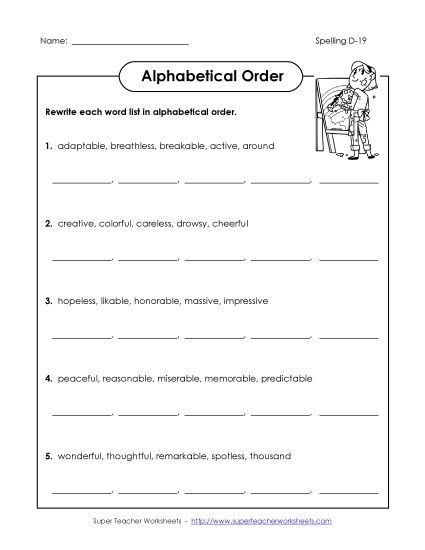 Alphabetical Order - Alphabetical Order (D-19) (Printable PDF Worksheet)