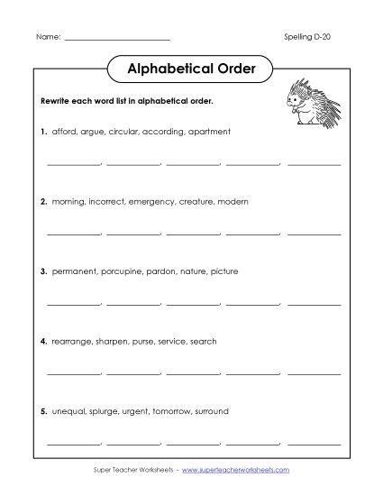 Alphabetical Order - Alphabetical Order (D-20) (Printable PDF Worksheet)
