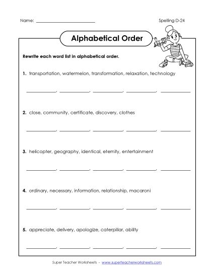 Alphabetical Order - Alphabetical Order (D-24) (Printable PDF Worksheet)