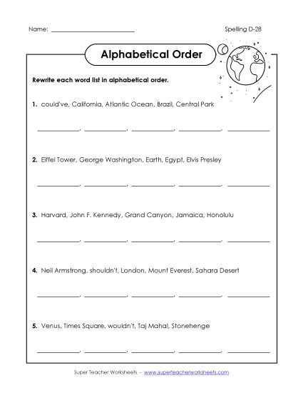 Alphabetical Order - Alphabetical Order (D-28) (Printable PDF Worksheet)