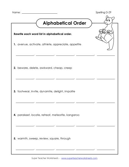 Alphabetical Order - Alphabetical Order (D-29) (Printable PDF Worksheet)