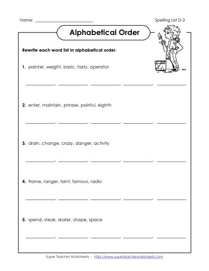 Alphabetical Order - Alphabetical Order (D-3) (Printable PDF Worksheet)