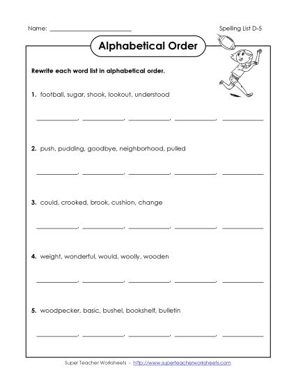 ABC Order - Alphabetical Order (D-5) (Printable PDF Worksheet)