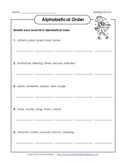 Alphabetical Order - Alphabetical Order (D-6) (Printable PDF Worksheet)