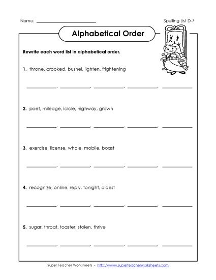 Alphabetical Order - Alphabetical Order (D-7) (Printable PDF Worksheet)