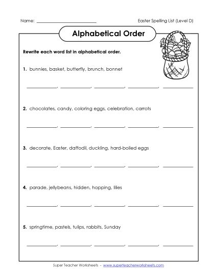 Alphabetical Order - Alphabetical Order (D-Easter)  (Printable PDF Worksheet)