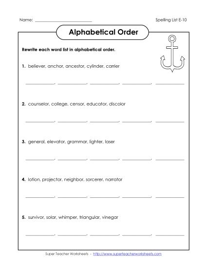 Alphabetical Order - Alphabetical Order (E-10) (Printable PDF Worksheet)