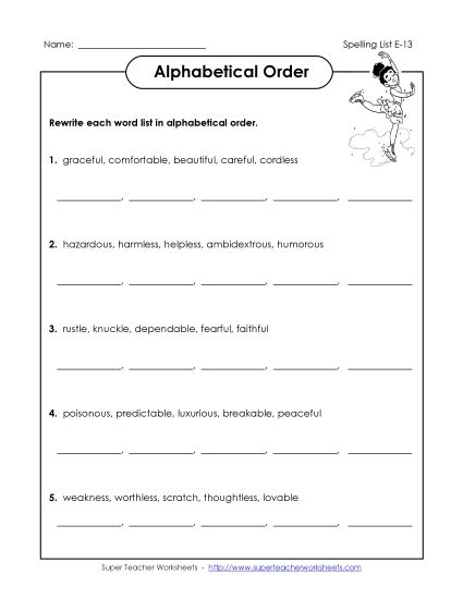 Alphabetical Order - Alphabetical Order (E-13) (Printable PDF Worksheet)