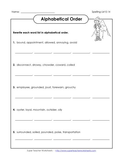 Alphabetical Order - Alphabetical Order (E-14) (Printable PDF Worksheet)
