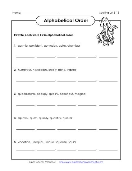 Alphabetical Order - Alphabetical Order (E-15) (Printable PDF Worksheet)