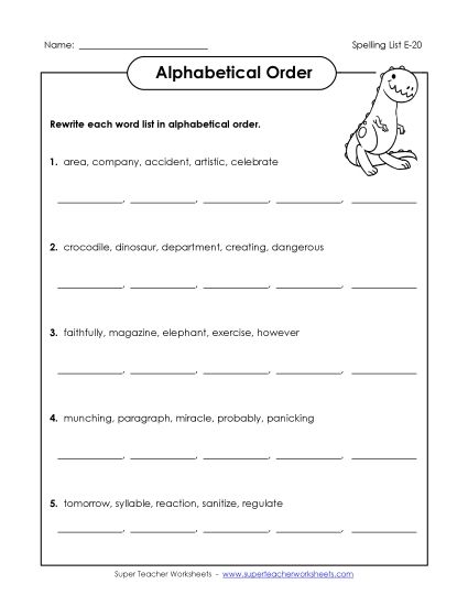 Alphabetical Order - Alphabetical Order (E-20) (Printable PDF Worksheet)