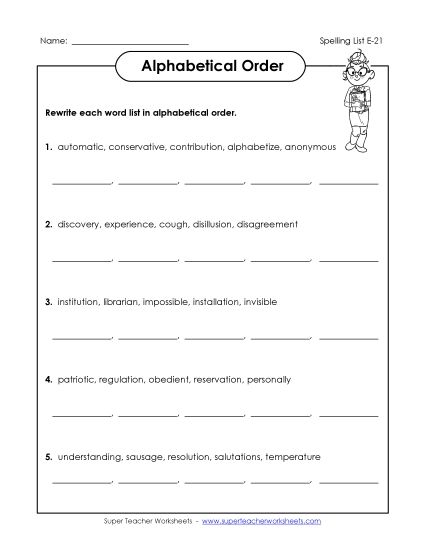 Alphabetical Order - Alphabetical Order (E-21) (Printable PDF Worksheet)
