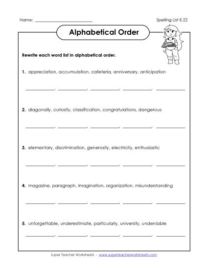 Alphabetical Order - Alphabetical Order (E-22) (Printable PDF Worksheet)