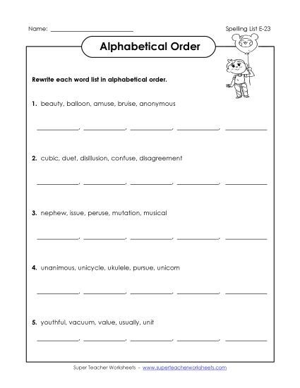 Alphabetical Order - Alphabetical Order (E-23) (Printable PDF Worksheet)