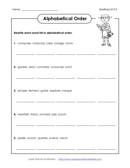 Alphabetical Order - Alphabetical Order (E-5) (Printable PDF Worksheet)
