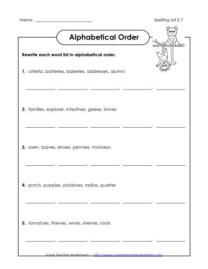 Alphabetical Order - Alphabetical Order (E-7) (Printable PDF Worksheet)