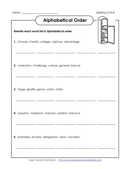 Alphabetical Order - Alphabetical Order (E-8) (Printable PDF Worksheet)