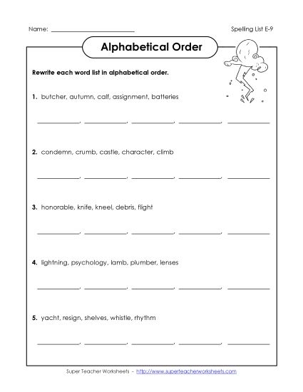 Alphabetical Order - Alphabetical Order (E-9) (Printable PDF Worksheet)