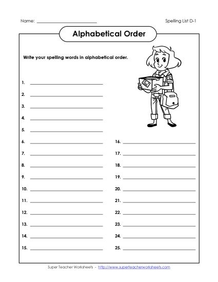 Alphabetical Order - Alphabetical Order - Full List (D-1) (Printable PDF Worksheet)