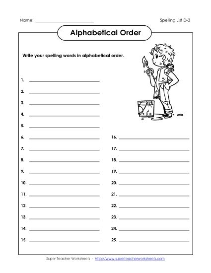 Alphabetical Order - Alphabetical Order - Full List (D-3) (Printable PDF Worksheet)