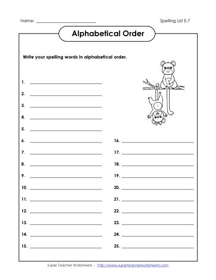 Alphabetical Order - Alphabetical Order: Full list (E-7) (Printable PDF Worksheet)