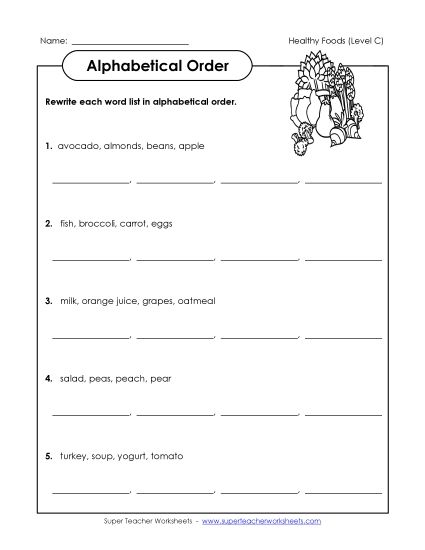 ABC Order - Alphabetical Order Groups (C-Healthy Foods)  (Printable PDF Worksheet)