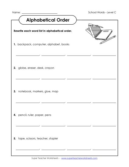 ABC Order - Alphabetical Order Groups (C-School Words)  (Printable PDF Worksheet)
