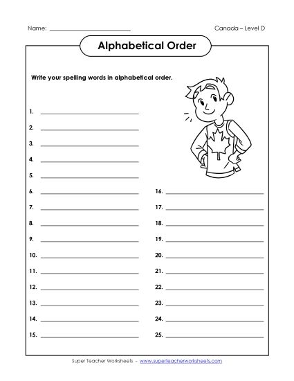 ABC Order - Alphabetical Order List (D-Canada Words)  (Printable PDF Worksheet)