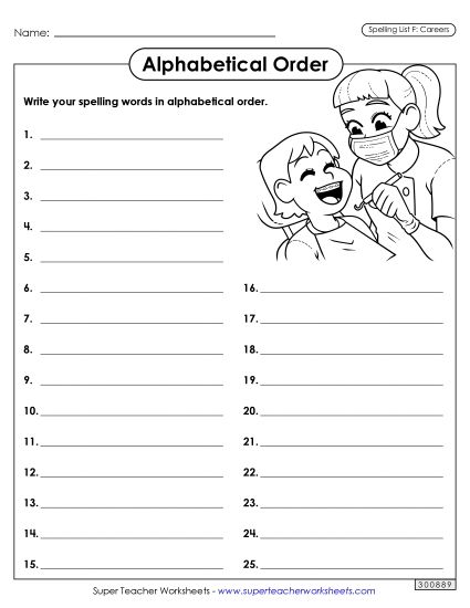 Alphabetical Order - Alphabetical Order: Whole List (Careers) (Printable PDF Worksheet)