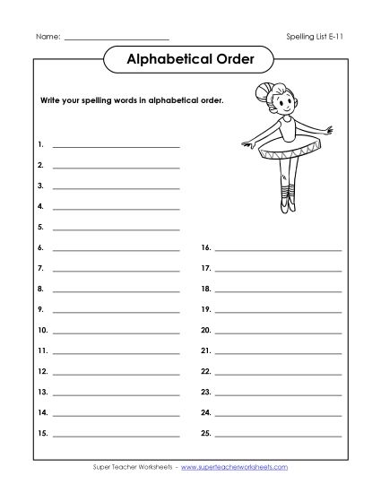 Alphabetical Order - Alphabetical Order: Whole List (E-11) (Printable PDF Worksheet)