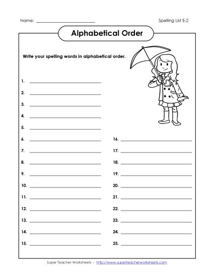 Alphabetical Order - Alphabetical Order: Whole List (E-2) (Printable PDF Worksheet)