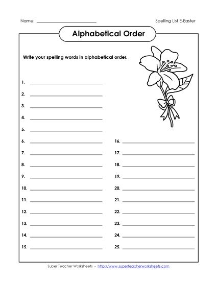 Alphabetical Order - Alphabetical Order: Whole List (Easter) (Printable PDF Worksheet)