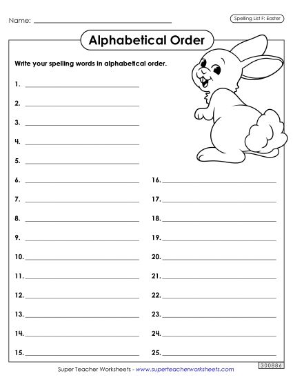 Alphabetical Order - Alphabetical Order: Whole List (Easter)  (Printable PDF Worksheet)