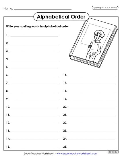 Alphabetical Order - Alphabetical Order: Whole List (ELA) (Printable PDF Worksheet)