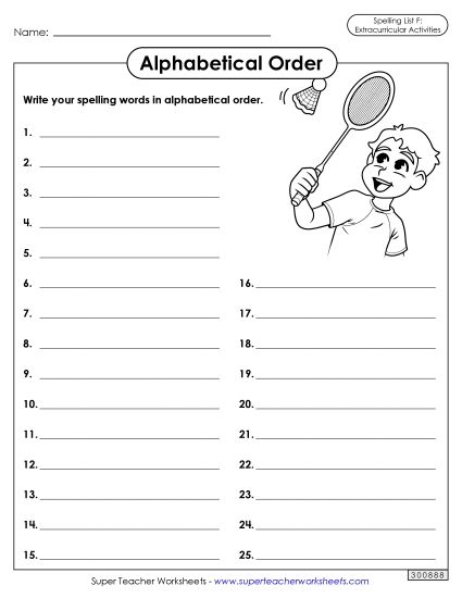 Alphabetical Order - Alphabetical Order: Whole List (Extracurriculars) (Printable PDF Worksheet)