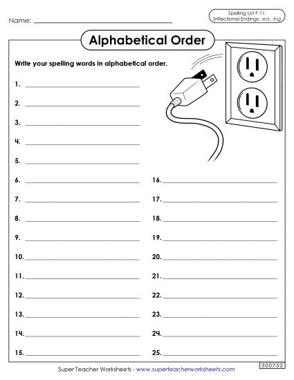 Alphabetical Order - Alphabetical Order: Whole List (F-11) (Printable PDF Worksheet)