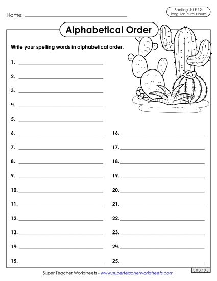 Alphabetical Order - Alphabetical Order: Whole List (F-12) (Printable PDF Worksheet)
