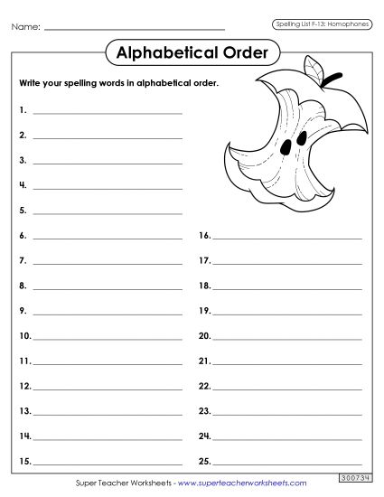 Alphabetical Order - Alphabetical Order: Whole List (F-13) (Printable PDF Worksheet)