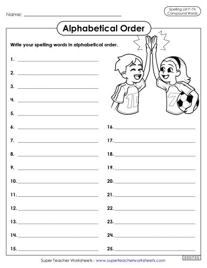 Alphabetical Order - Alphabetical Order: Whole List (F-14) (Printable PDF Worksheet)