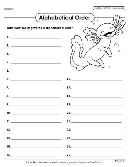 Alphabetical Order - Alphabetical Order: Whole List (F-15) (Printable PDF Worksheet)