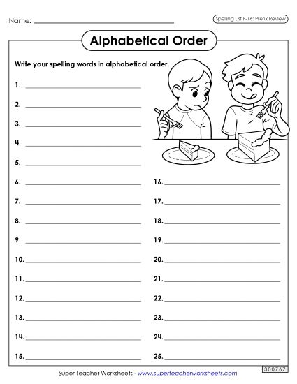 Alphabetical Order - Alphabetical Order: Whole List (F-16) (Printable PDF Worksheet)